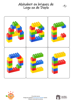 26 cartes à imprimer pour construire les lettres de l'alphabet avec des briques de Lego.