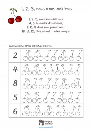 Comptine enfant '1, 2, 3, nous irons aux bois' - activité de numération et coloriage