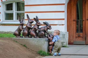 Un petit garçon aide le lapin à monter.