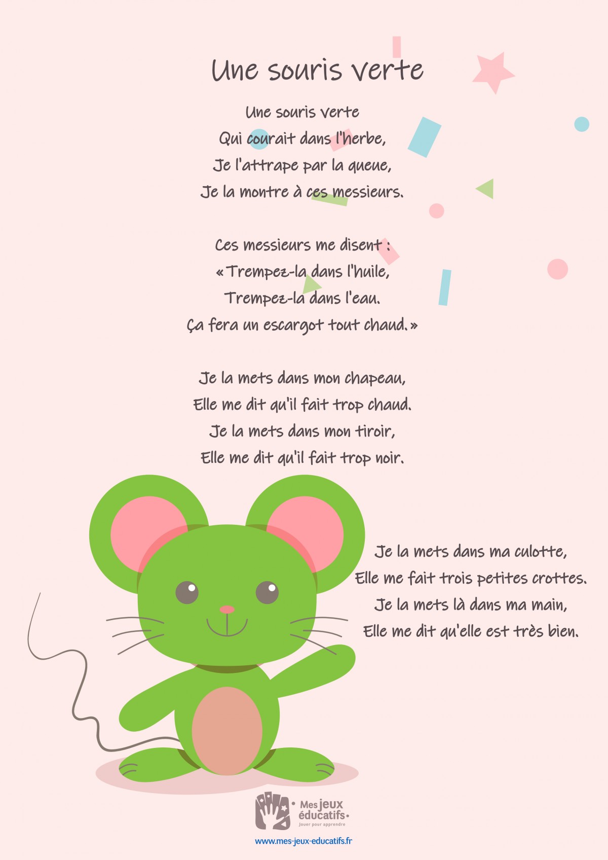 Comptine Une souris verte - paroles de la chanson > Mes Jeux Educatifs