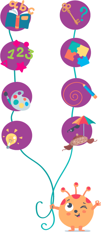 Notre mascotte avec les ballons présentant les thèmes de nos jeux éducatifs.